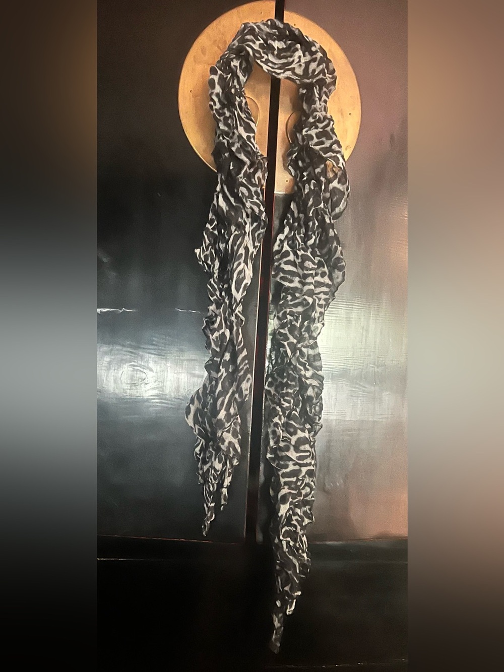 Black and Grey Animal Print Ruffle Scarf